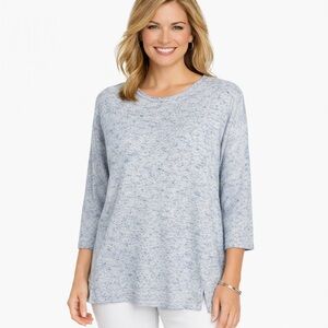 Liz Claiborne Blue Speckled Knit Tunic Top Size Large Ribbed Sleeve Lightweight